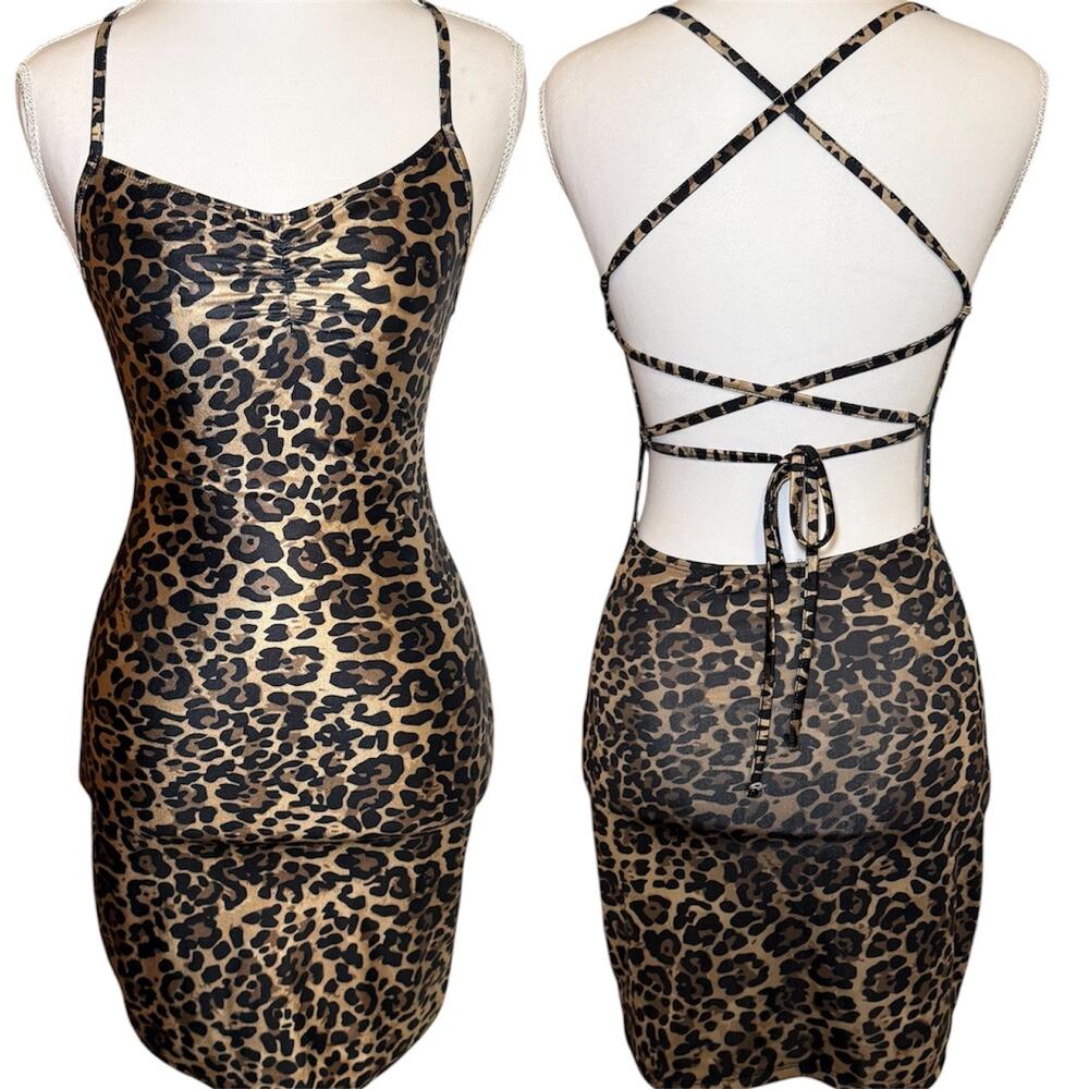 Leopard Bodycon Mini Dress Ruched Bust Crisscross Lace-Up Back Small